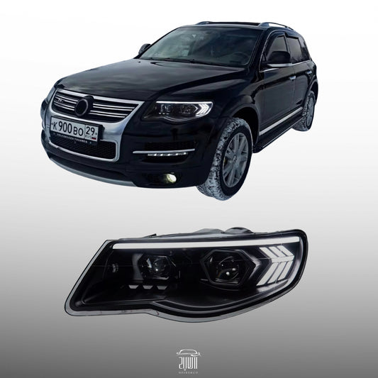 LED передние фары для VW Touareg (2007–2010) — ДХО, динамический поворотник и линзованная оптика